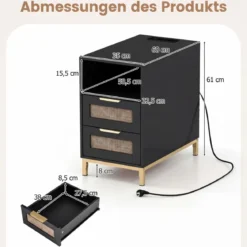 Beistelltisch mit Ladestation & 2 Schubladen Nachttisch aus Ratten & Holz Sofatisch Schwarz