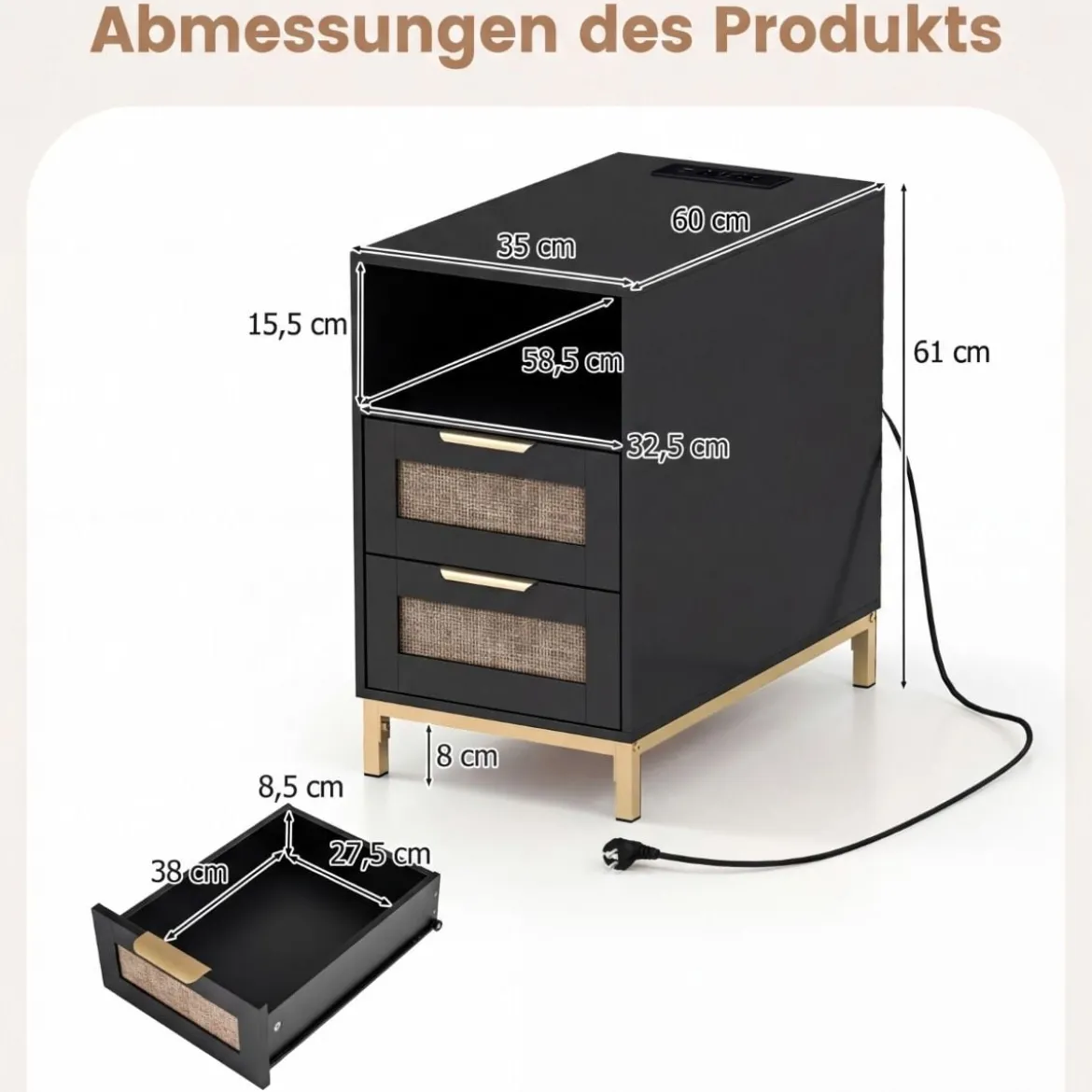 Beistelltisch mit Ladestation & 2 Schubladen Nachttisch aus Ratten & Holz Sofatisch Schwarz