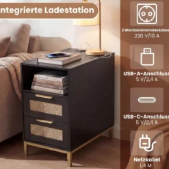Beistelltisch mit Ladestation & 2 Schubladen Nachttisch aus Ratten & Holz Sofatisch Schwarz