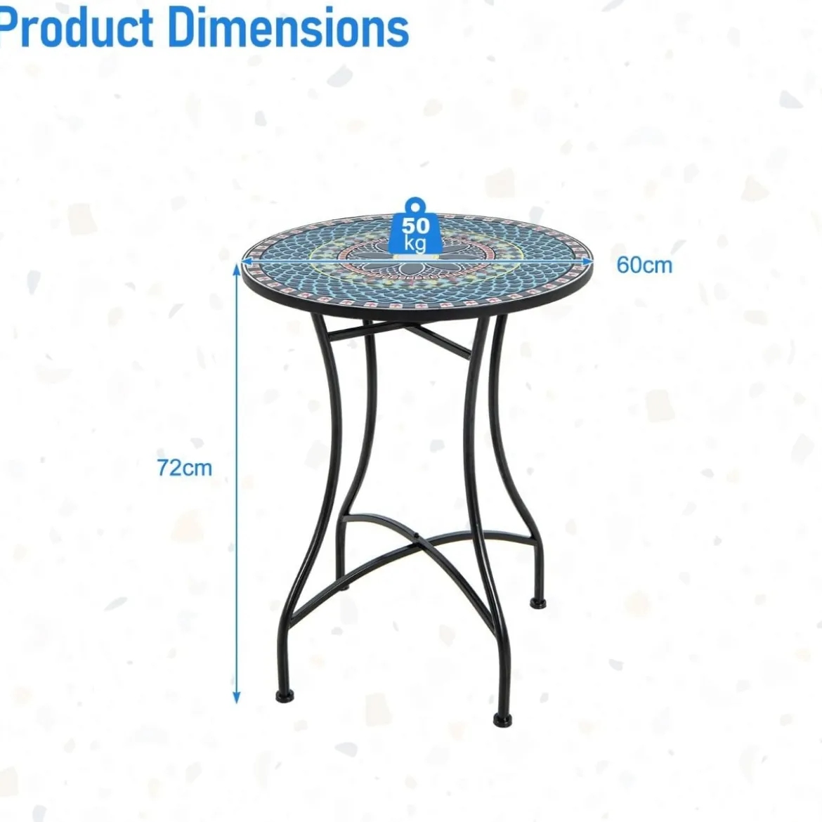 Beistelltisch mit Mosaikplatte aus Keramikfliesen Bistrotisch mit Gebogenen Metallbeinen Blau