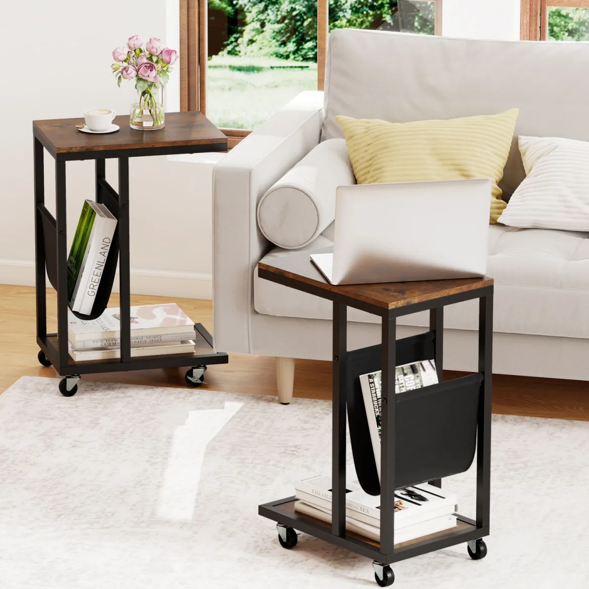 Beistelltisch mit Rollen C-Form Sofatisch Kaffeetisch Wohnzimmertisch mit Metallgestell
