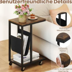 Beistelltisch mit Rollen C-Form Sofatisch Kaffeetisch Wohnzimmertisch mit Metallgestell
