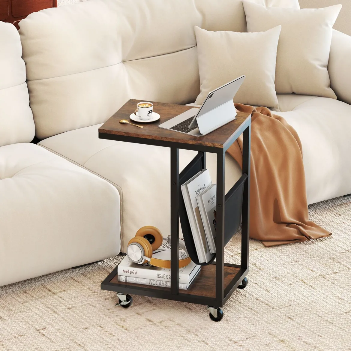 Beistelltisch mit Rollen C-Form Sofatisch Kaffeetisch Wohnzimmertisch mit Metallgestell