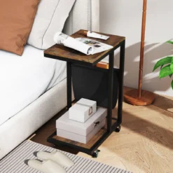 Beistelltisch mit Rollen C-Form Sofatisch Kaffeetisch Wohnzimmertisch mit Metallgestell