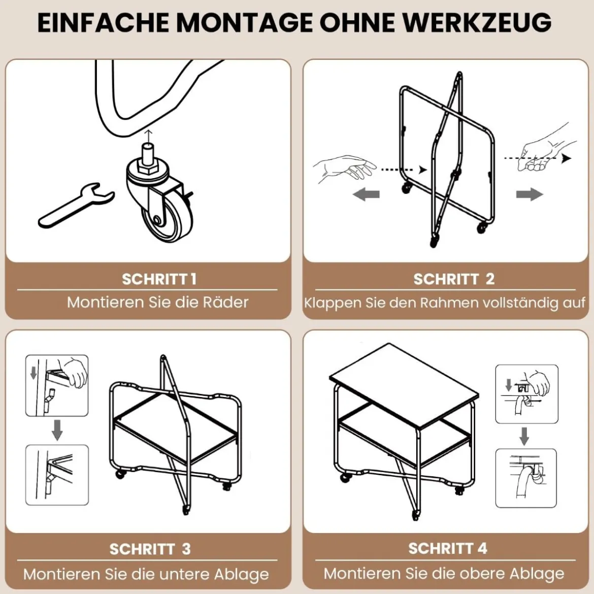 Beistelltisch mit Rollen & Holzablage & Metallrahmen Servierwagen 60 x 40 x 61 cm