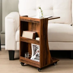 Beistelltisch mit Rollen Mobiler C-förmiger Sofatisch 42,5 x 38 x 67 cm Braun
