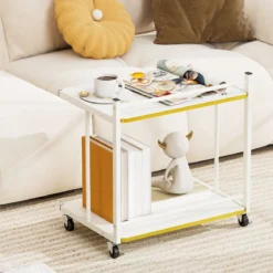 Beistelltisch mit Rollen & 2 Offenen Ablagen Druckertisch C-Form Couchtisch Sofatisch Weiß