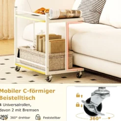 Beistelltisch mit Rollen & 2 Offenen Ablagen Druckertisch C-Form Couchtisch Sofatisch Weiß