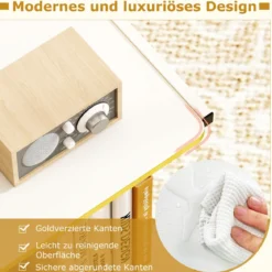 Beistelltisch mit Rollen & 2 Offenen Ablagen Druckertisch C-Form Couchtisch Sofatisch Weiß
