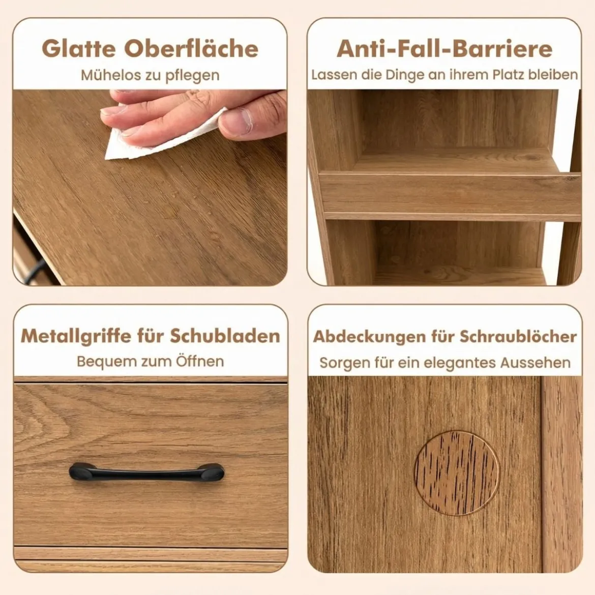 Beistelltisch mit Rollen rollbarer Nachttisch mit Schubladen & Regalen Nachttisch Natur