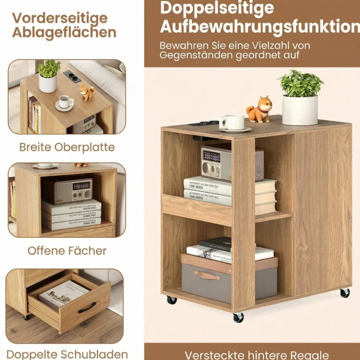 Beistelltisch mit Rollen rollbarer Nachttisch mit Schubladen & Regalen Nachttisch Natur