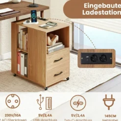 Beistelltisch mit Rollen rollbarer Nachttisch mit Schubladen & Regalen Nachttisch Natur