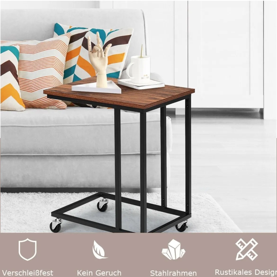 Beistelltisch mit Rollen Sofatisch Kaffeetisch Industrie-Design Laptoptisch Metall Couchtisch Rustikales Braun