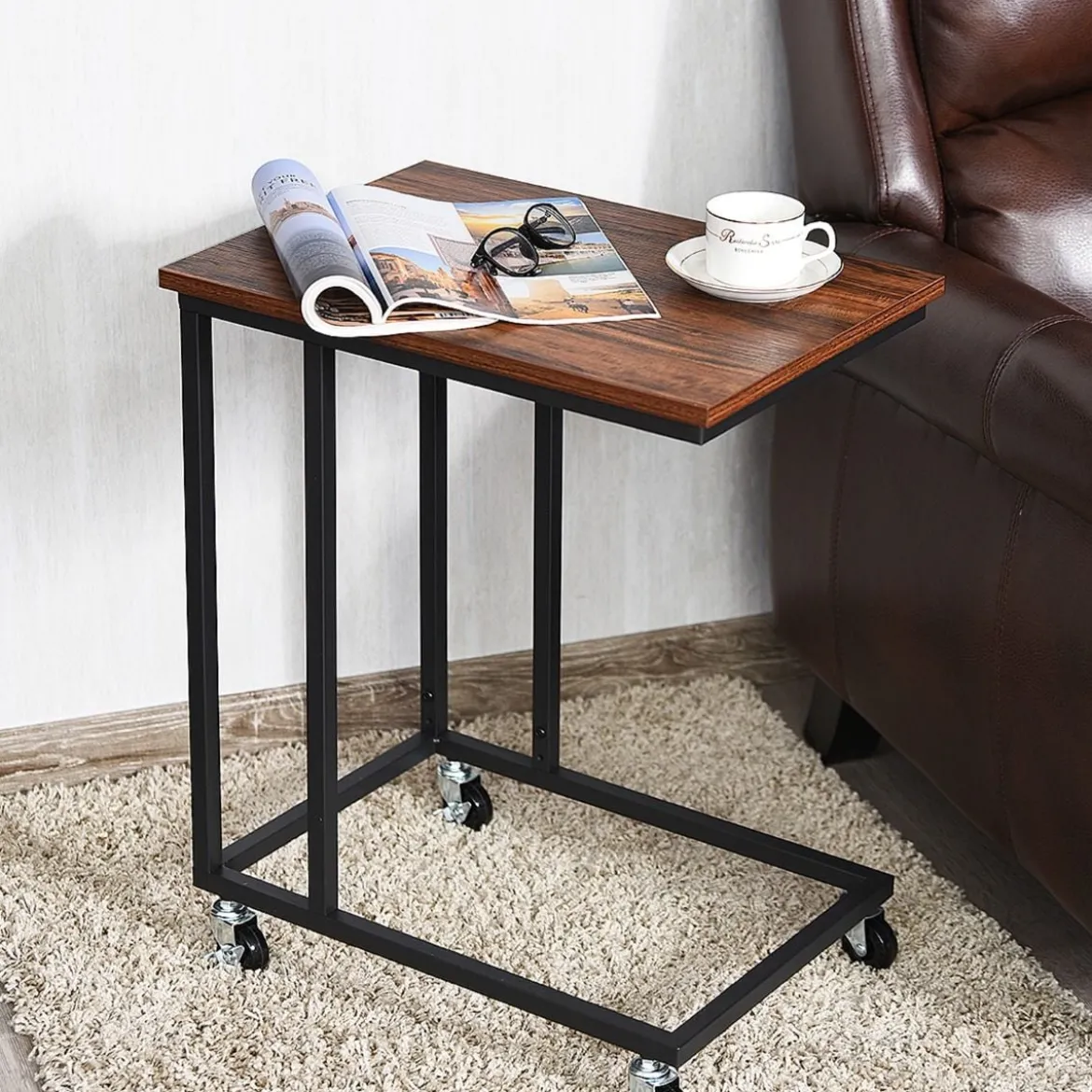 Beistelltisch mit Rollen Sofatisch Kaffeetisch Industrie-Design Laptoptisch Metall Couchtisch Rustikales Braun