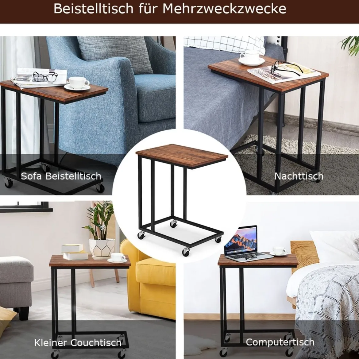 Beistelltisch mit Rollen Sofatisch Kaffeetisch Industrie-Design Laptoptisch Metall Couchtisch Rustikales Braun