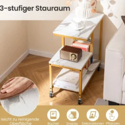 Beistelltisch mit Rollen 3-stöckiger Sofatisch Marmor Optik Kaffeetisch Kleiner Couchtisch