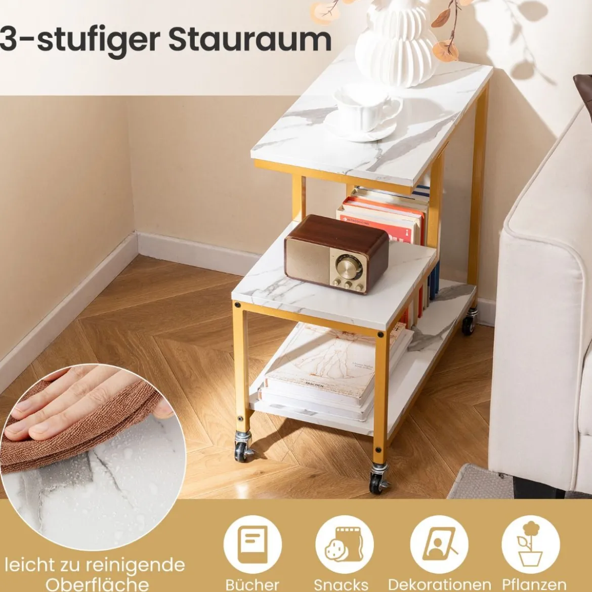 Beistelltisch mit Rollen 3-stöckiger Sofatisch Marmor Optik Kaffeetisch Kleiner Couchtisch