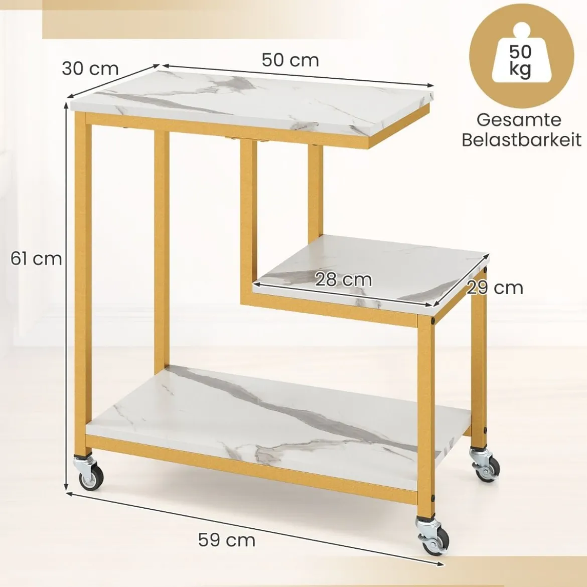 Beistelltisch mit Rollen 3-stöckiger Sofatisch Marmor Optik Kaffeetisch Kleiner Couchtisch