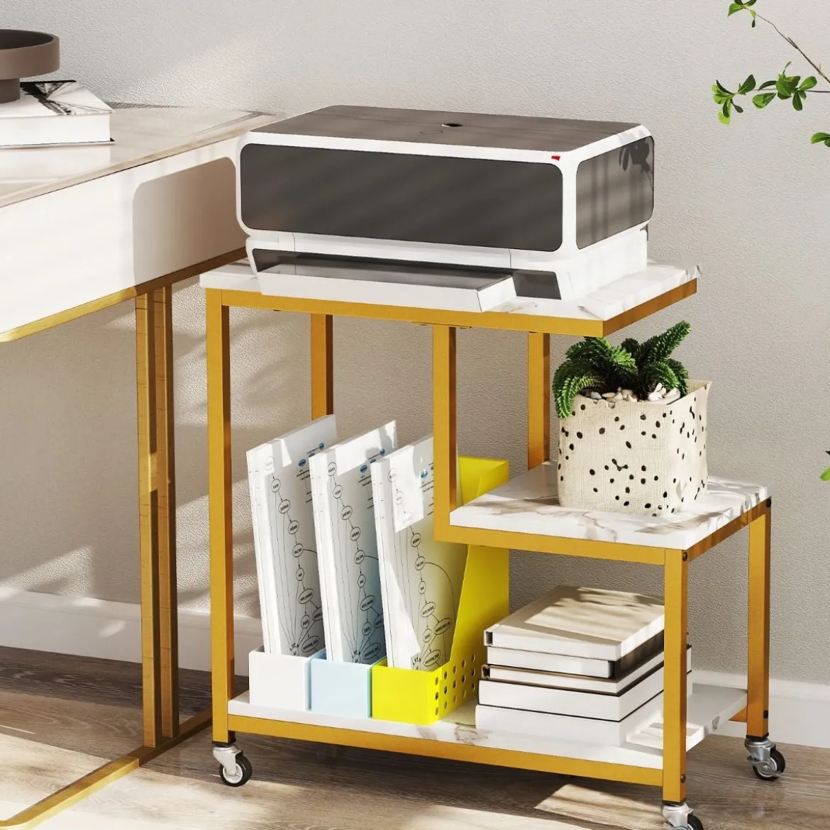 Beistelltisch mit Rollen 3-stöckiger Sofatisch Marmor Optik Kaffeetisch Kleiner Couchtisch