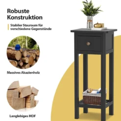 Beistelltisch mit Schublade & Ablage 2-stöckiger Nachttisch Schmaler Sofatisch Kaffeetisch Schwarz