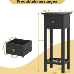 Beistelltisch mit Schublade & Ablage 2-stöckiger Nachttisch Schmaler Sofatisch Kaffeetisch Schwarz