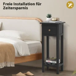 Beistelltisch mit Schublade & Ablage 2-stöckiger Nachttisch Schmaler Sofatisch Kaffeetisch Schwarz