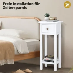 Beistelltisch mit Schublade & Ablage 2-stöckiger Nachttisch Schmaler Sofatisch Kaffeetisch Weiß
