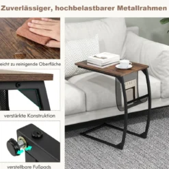 Beistelltisch mit Seitentasche Industrie-Design Laptoptisch C-förmiger Sofatisch Kaffeetisch
