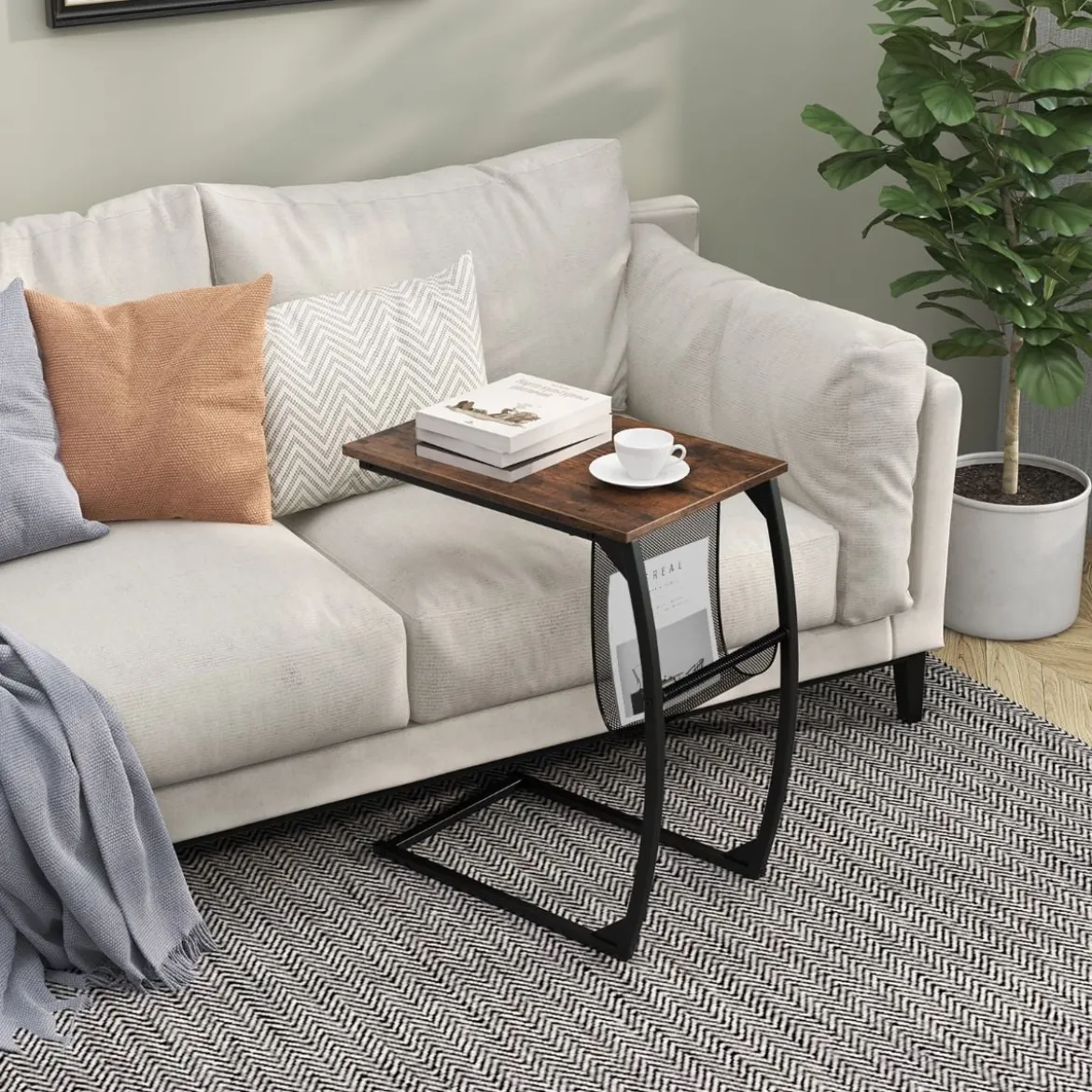 Beistelltisch mit Seitentasche Industrie-Design Laptoptisch C-förmiger Sofatisch Kaffeetisch