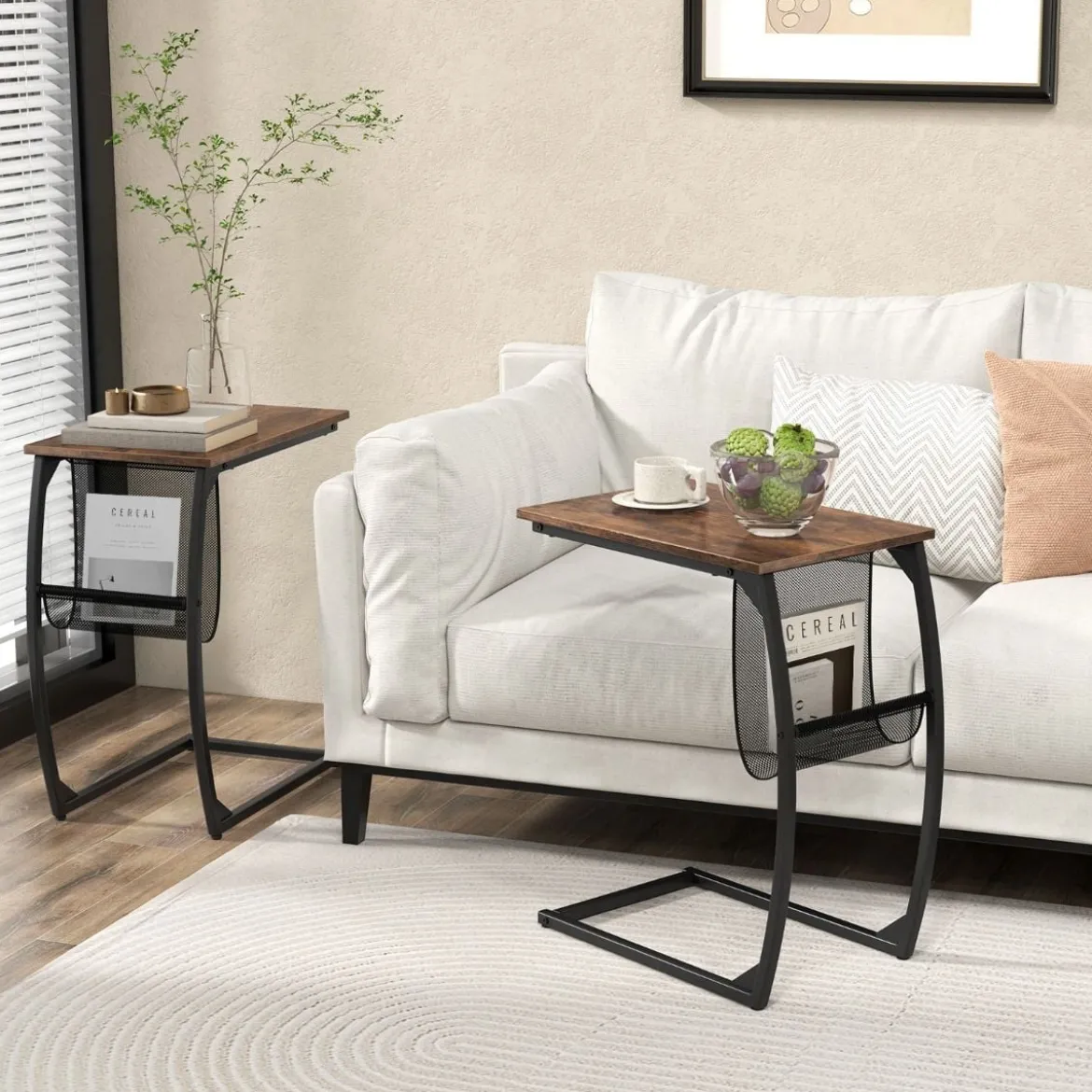 Beistelltisch mit Seitentasche Industrie-Design Laptoptisch C-förmiger Sofatisch Kaffeetisch