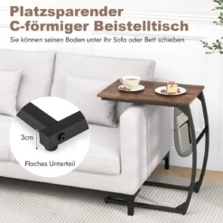 Beistelltisch mit Seitentasche Industrie-Design Laptoptisch C-förmiger Sofatisch Kaffeetisch