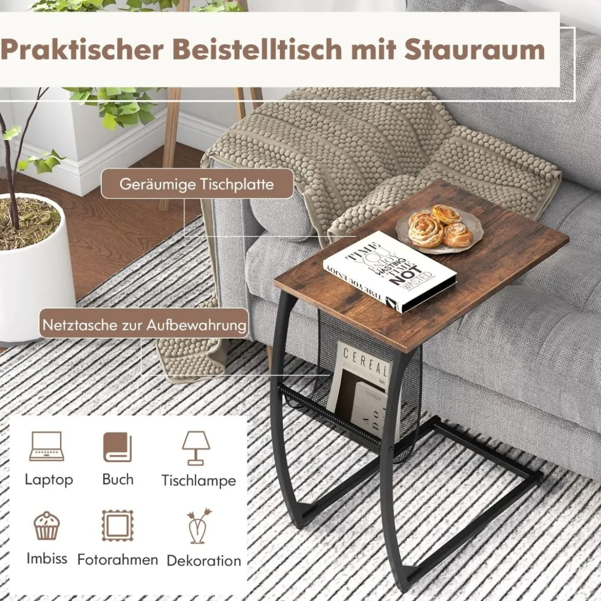 Beistelltisch mit Seitentasche Industrie-Design Laptoptisch C-förmiger Sofatisch Kaffeetisch