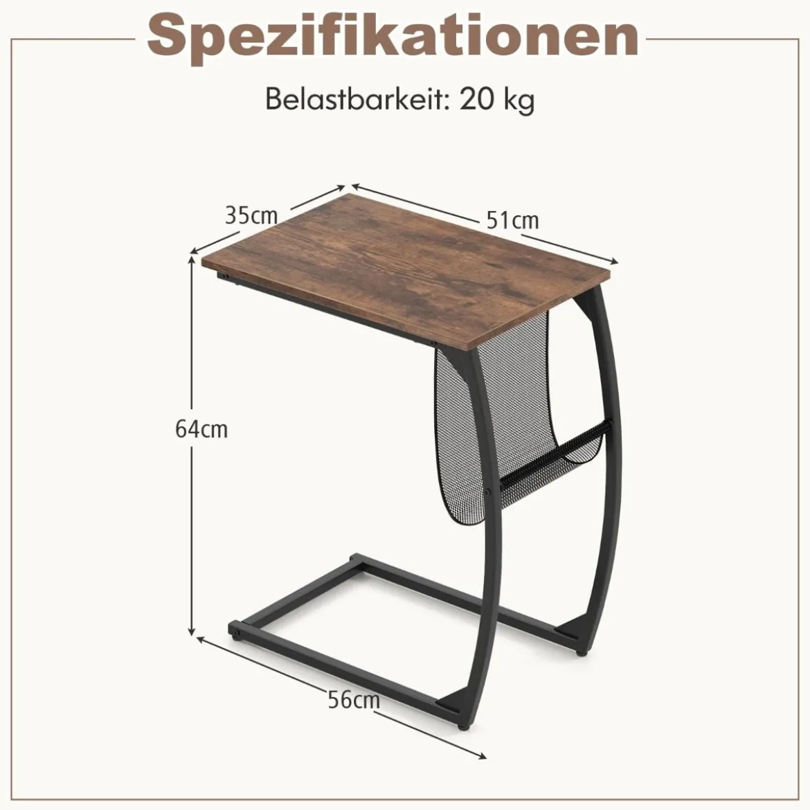 Beistelltisch mit Seitentasche Industrie-Design Laptoptisch C-förmiger Sofatisch Kaffeetisch