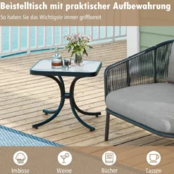 Beistelltisch mit Tischplatte aus Gehärtetem Glas Wetterfester Balkontisch Kleiner Gartentisch