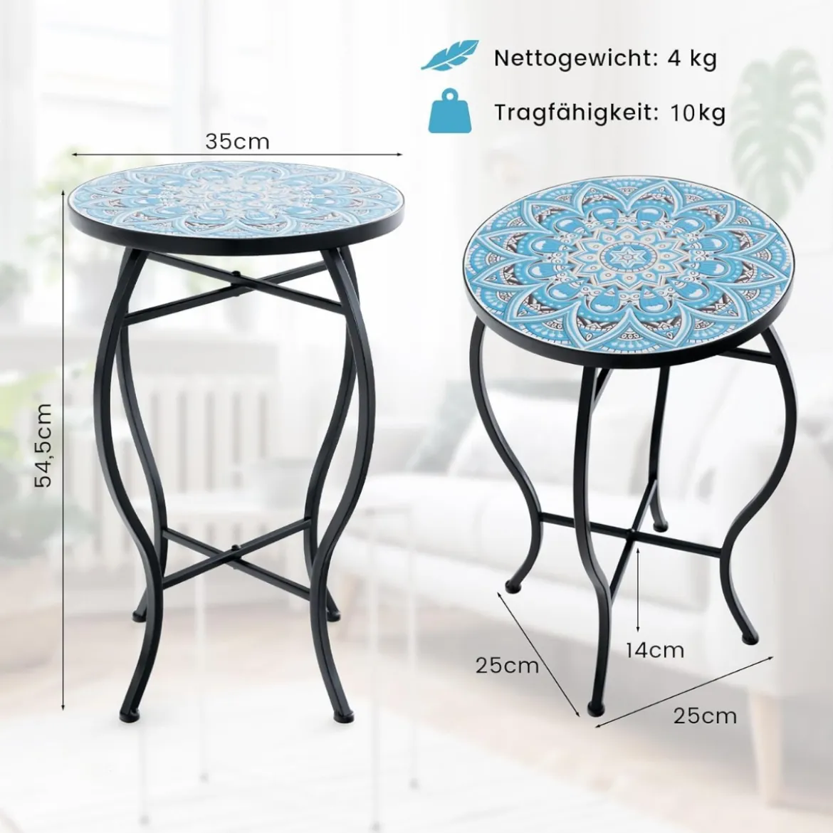 Beistelltisch Mosaiktisch Rund Mosaik Gartentisch Bistrotisch 35 x 55 cm Blau und Schwarz