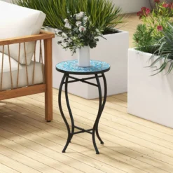 Beistelltisch Mosaiktisch Rund Mosaik Gartentisch Bistrotisch 35 x 55 cm Blau und Schwarz