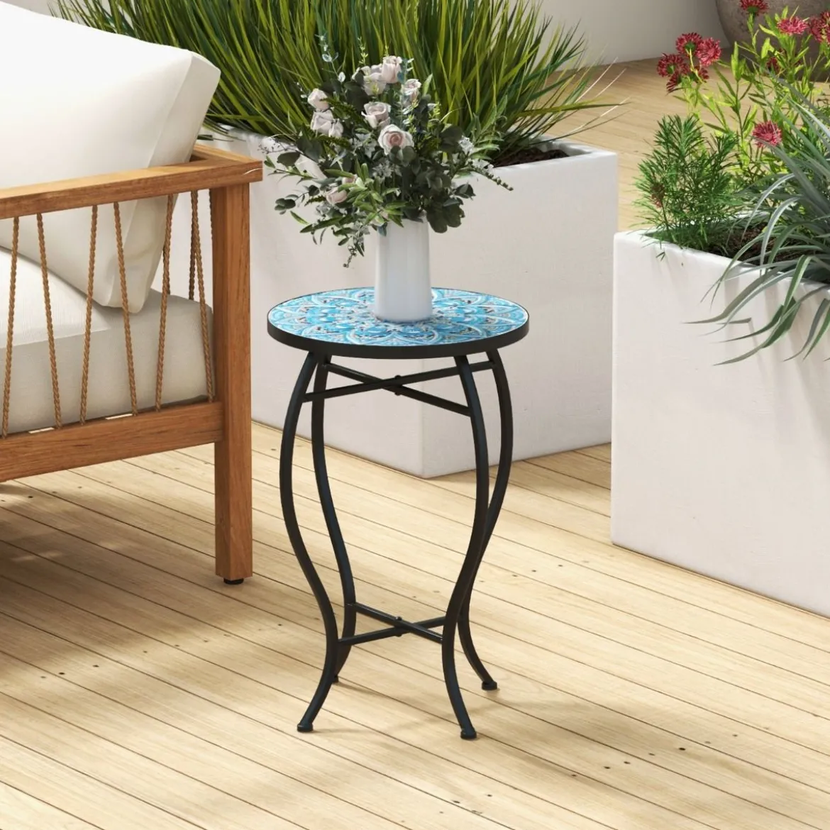 Beistelltisch Mosaiktisch Rund Mosaik Gartentisch Bistrotisch 35 x 55 cm Blau und Schwarz