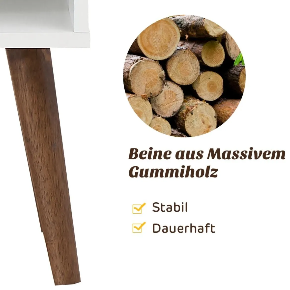 Beistelltisch Nachttisch mit Schublade Nachtschrank aus Gummiholz Walnuss + Weiß