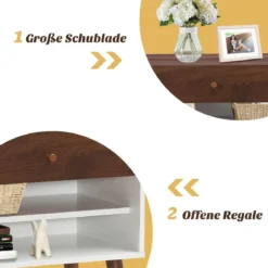 Beistelltisch Nachttisch mit Schublade Nachtschrank aus Gummiholz Walnuss + Weiß