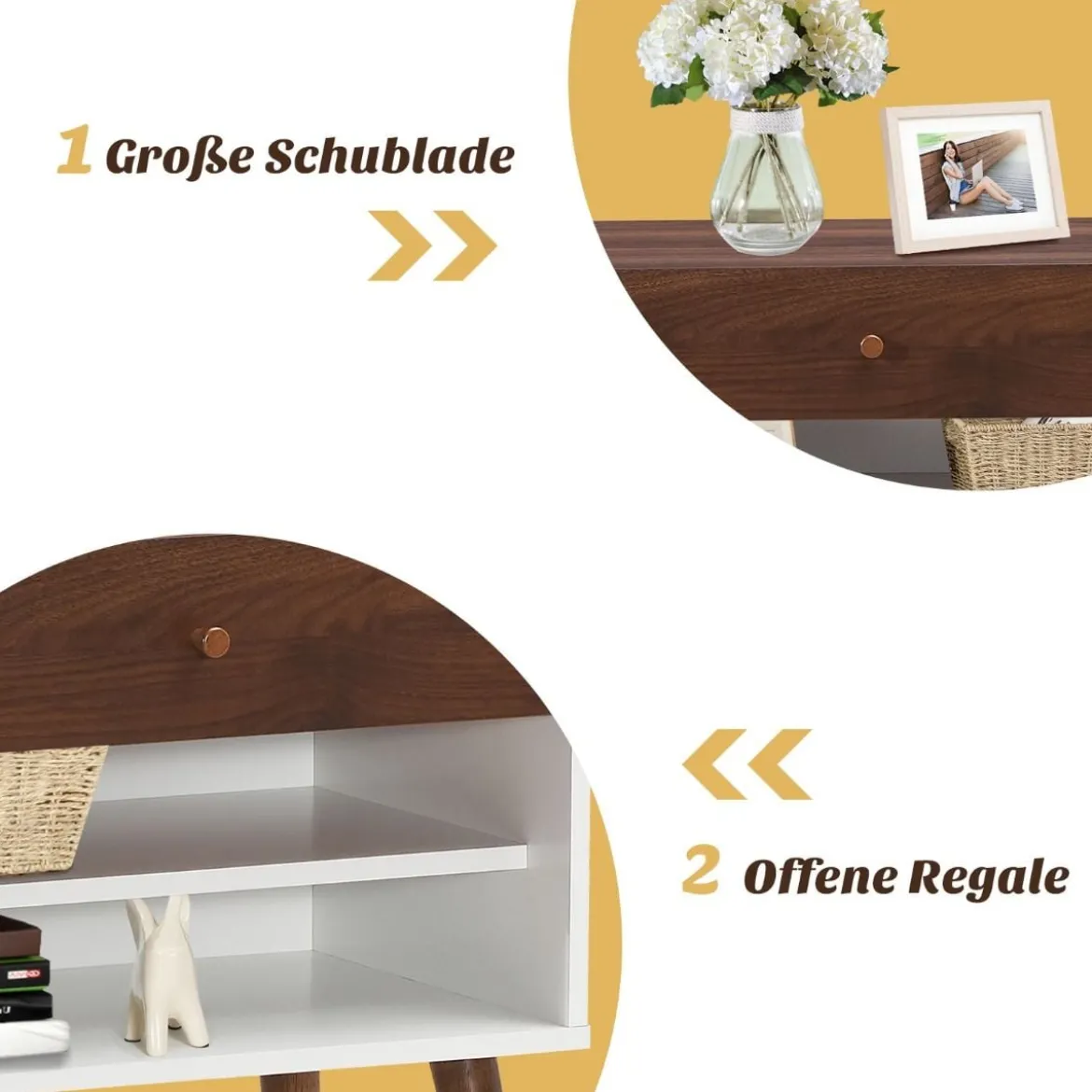 Beistelltisch Nachttisch mit Schublade Nachtschrank aus Gummiholz Walnuss + Weiß