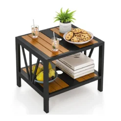 Beistelltisch Outdoor wetterfest Gartentisch mit Schirmloch kleiner Balkontisch mit Ablage 52 x 46 x 45 cm
