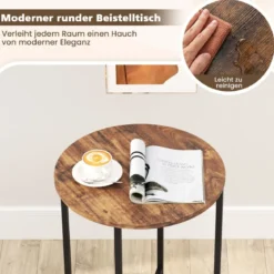 Beistelltisch rund Kleiner Tisch Wohnzimmertisch mit Stoffkorb Nachttisch modern Braun/Weiß