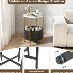 Beistelltisch rund Kleiner Tisch Wohnzimmertisch mit Stoffkorb Nachttisch modern Braun/Weiß