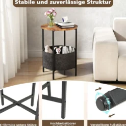Beistelltisch rund Kleiner Tisch Wohnzimmertisch mit Stoffkorb Nachttisch modern Braun/Weiß