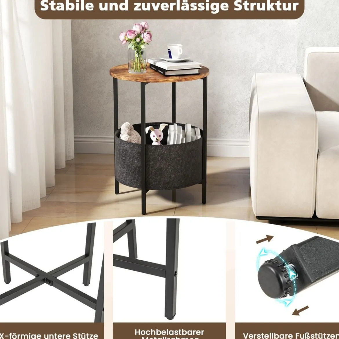 Beistelltisch rund Kleiner Tisch Wohnzimmertisch mit Stoffkorb Nachttisch modern Braun/Weiß