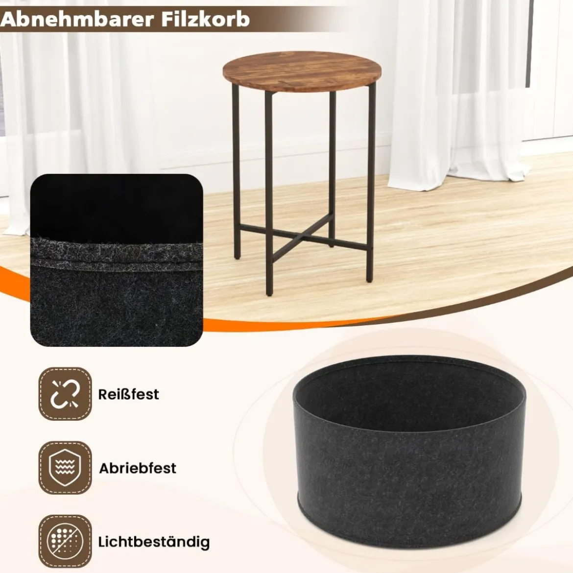 Beistelltisch rund Kleiner Tisch Wohnzimmertisch mit Stoffkorb Nachttisch modern Braun/Weiß