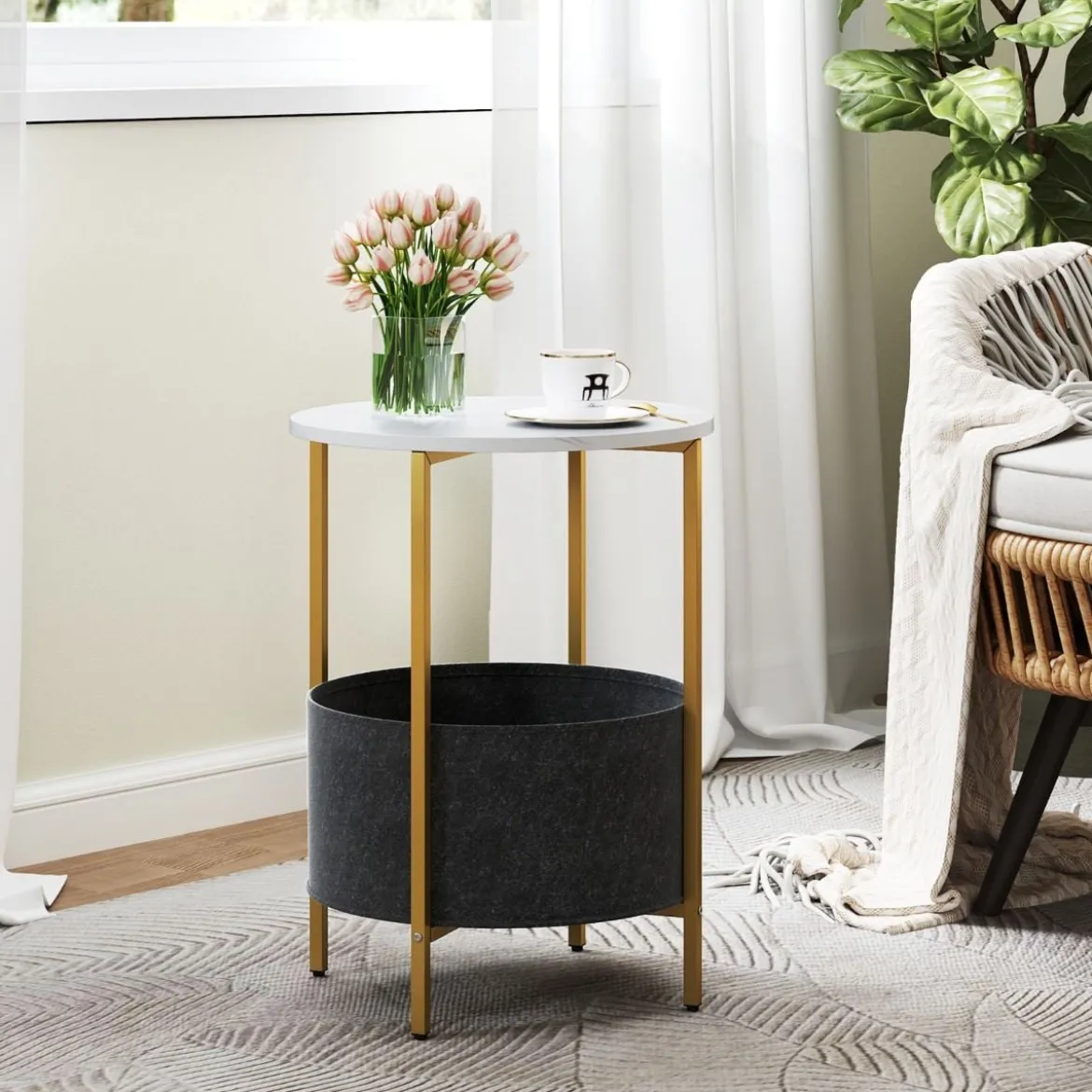 Beistelltisch rund Kleiner Tisch Wohnzimmertisch mit Stoffkorb Nachttisch modern Braun/Weiß