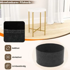 Beistelltisch rund Kleiner Tisch Wohnzimmertisch mit Stoffkorb Nachttisch modern Braun/Weiß