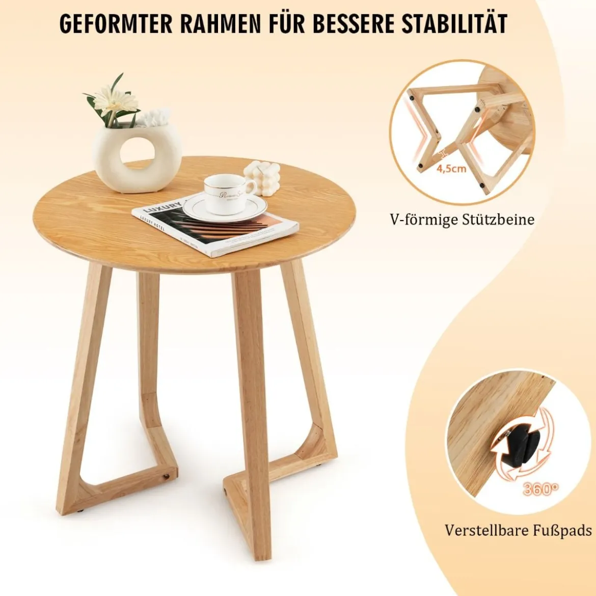 Beistelltisch rund Sofatisch Holz Kaffeetisch Laptoptisch belastbar bis 50kg Couchtisch Natur