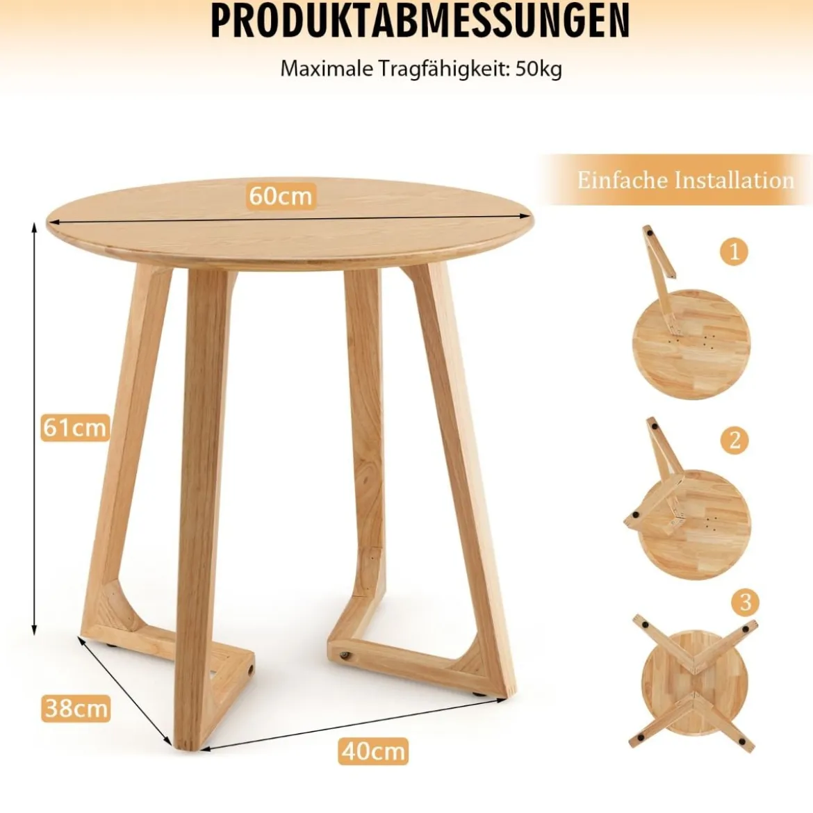 Beistelltisch rund Sofatisch Holz Kaffeetisch Laptoptisch belastbar bis 50kg Couchtisch Natur